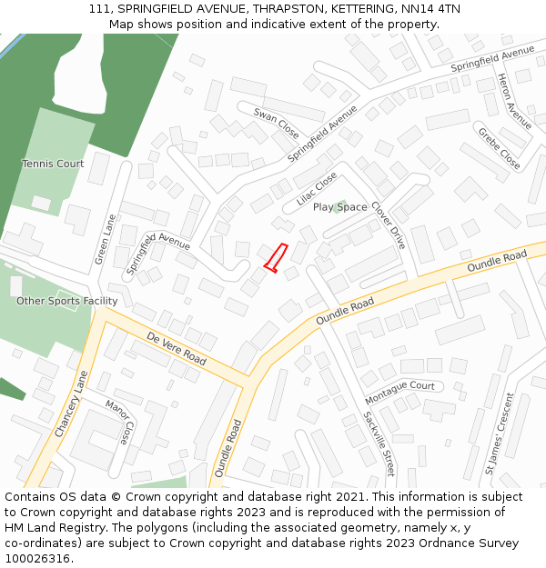 111, SPRINGFIELD AVENUE, THRAPSTON, KETTERING, NN14 4TN: Location map and indicative extent of plot