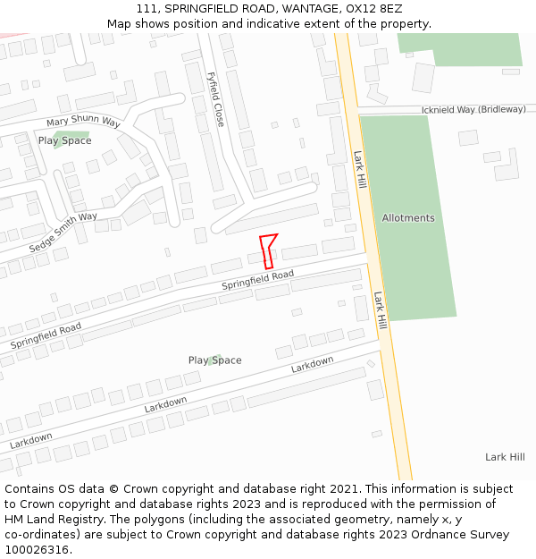 111, SPRINGFIELD ROAD, WANTAGE, OX12 8EZ: Location map and indicative extent of plot