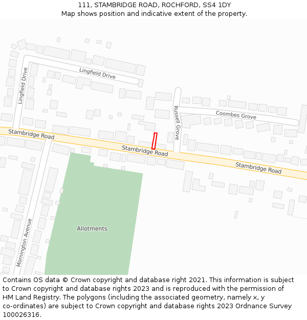 111, STAMBRIDGE ROAD, ROCHFORD, SS4 1DY: Location map and indicative extent of plot