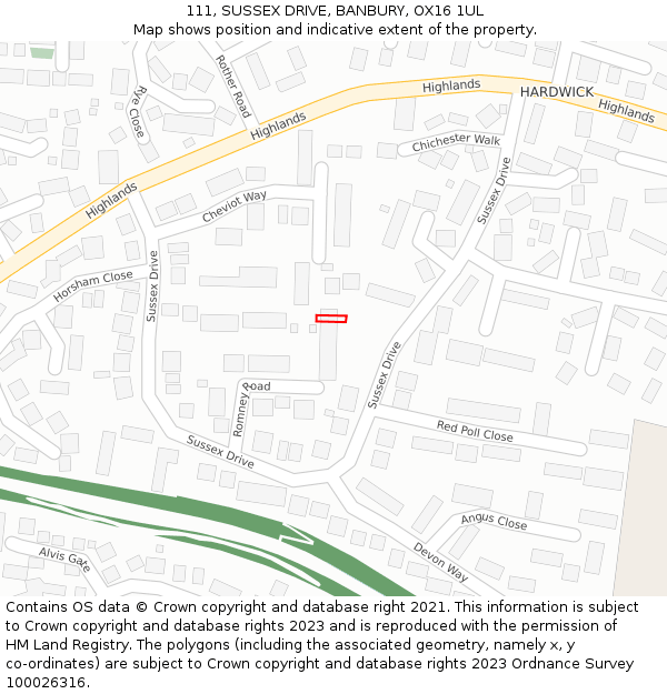 111, SUSSEX DRIVE, BANBURY, OX16 1UL: Location map and indicative extent of plot