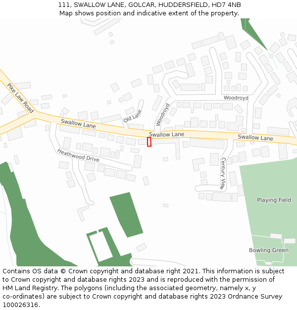 111, SWALLOW LANE, GOLCAR, HUDDERSFIELD, HD7 4NB: Location map and indicative extent of plot