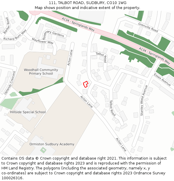 111, TALBOT ROAD, SUDBURY, CO10 1WG: Location map and indicative extent of plot