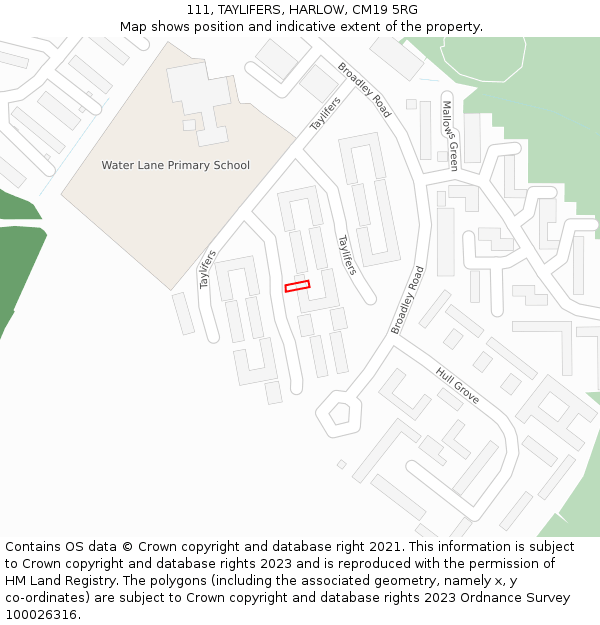111, TAYLIFERS, HARLOW, CM19 5RG: Location map and indicative extent of plot