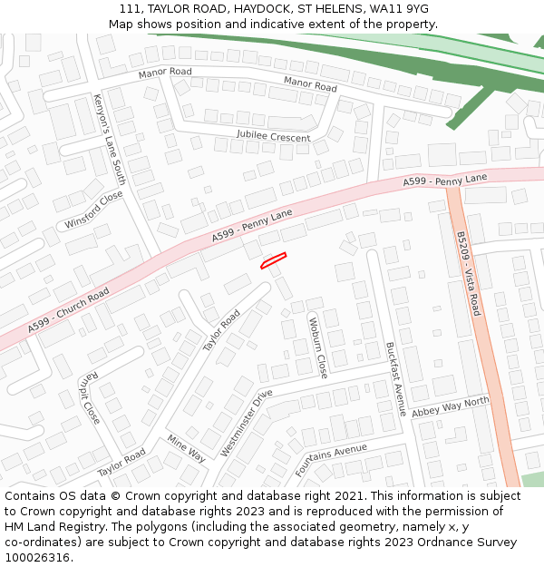 111, TAYLOR ROAD, HAYDOCK, ST HELENS, WA11 9YG: Location map and indicative extent of plot