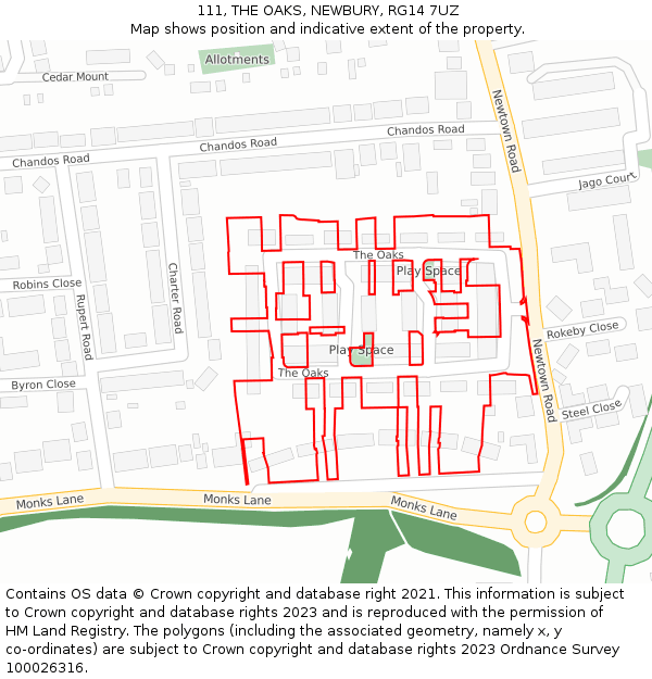 111, THE OAKS, NEWBURY, RG14 7UZ: Location map and indicative extent of plot