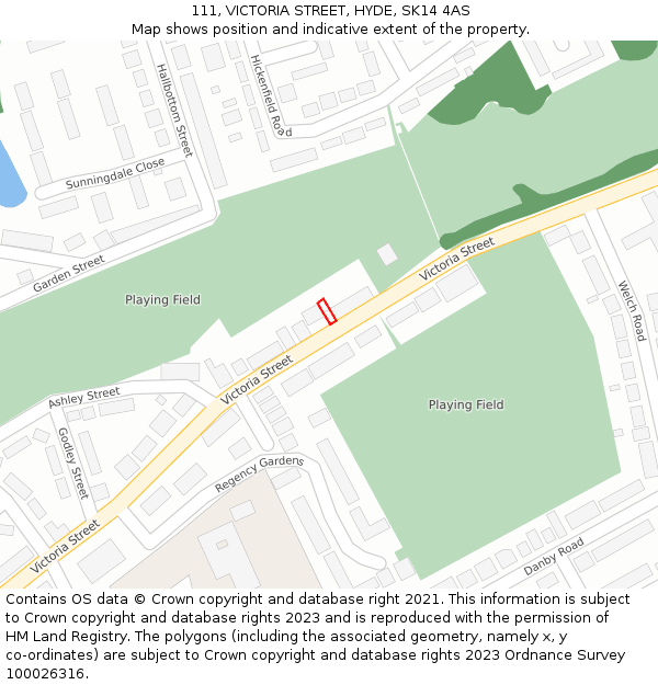 111, VICTORIA STREET, HYDE, SK14 4AS: Location map and indicative extent of plot