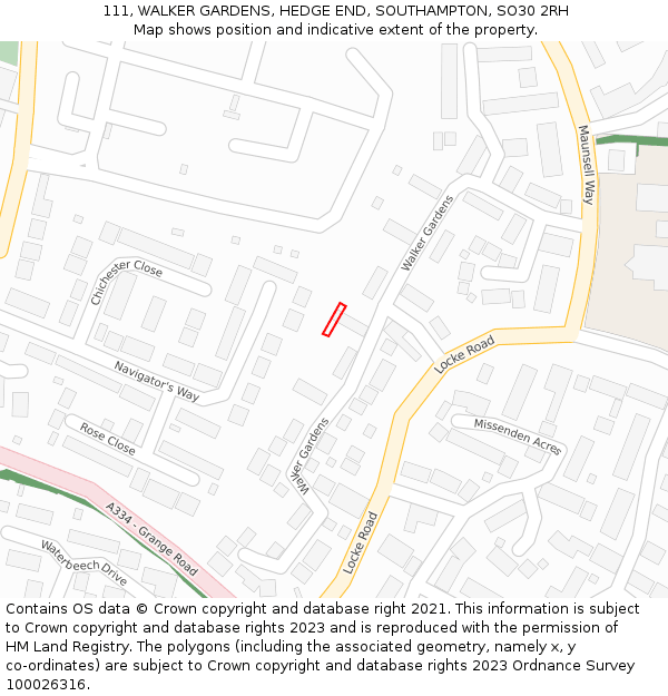 111, WALKER GARDENS, HEDGE END, SOUTHAMPTON, SO30 2RH: Location map and indicative extent of plot