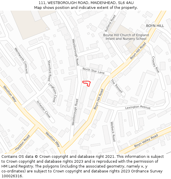 111, WESTBOROUGH ROAD, MAIDENHEAD, SL6 4AU: Location map and indicative extent of plot