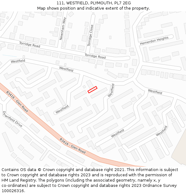 111, WESTFIELD, PLYMOUTH, PL7 2EG: Location map and indicative extent of plot