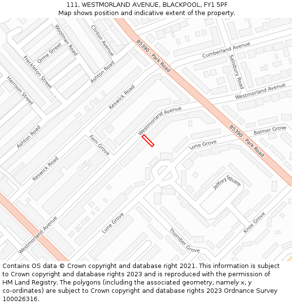 111, WESTMORLAND AVENUE, BLACKPOOL, FY1 5PF: Location map and indicative extent of plot