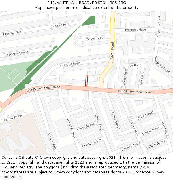 111, WHITEHALL ROAD, BRISTOL, BS5 9BG: Location map and indicative extent of plot