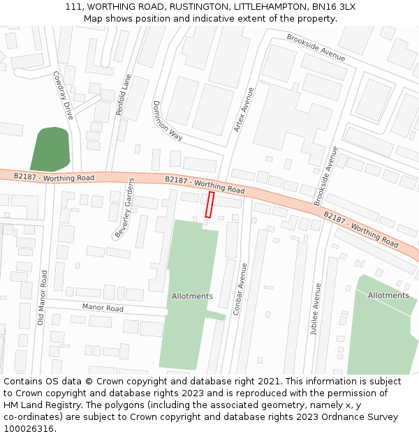 111, WORTHING ROAD, RUSTINGTON, LITTLEHAMPTON, BN16 3LX: Location map and indicative extent of plot