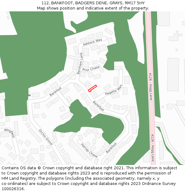 112, BANKFOOT, BADGERS DENE, GRAYS, RM17 5HY: Location map and indicative extent of plot