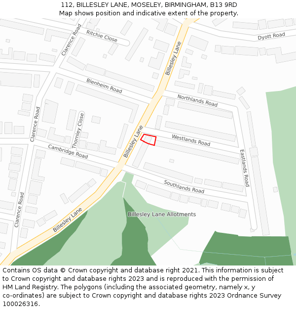 112, BILLESLEY LANE, MOSELEY, BIRMINGHAM, B13 9RD: Location map and indicative extent of plot