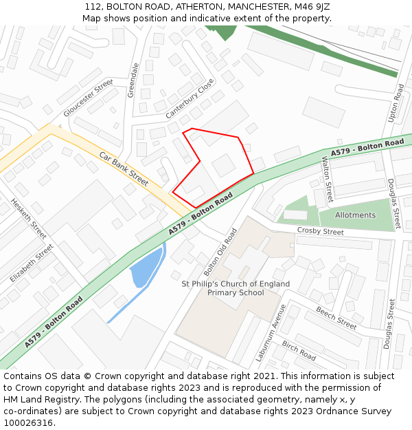 112, BOLTON ROAD, ATHERTON, MANCHESTER, M46 9JZ: Location map and indicative extent of plot