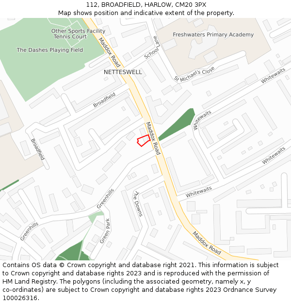 112, BROADFIELD, HARLOW, CM20 3PX: Location map and indicative extent of plot
