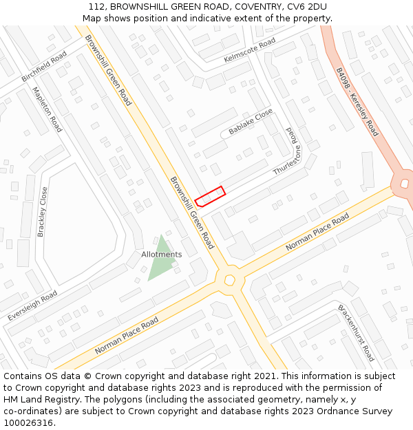 112, BROWNSHILL GREEN ROAD, COVENTRY, CV6 2DU: Location map and indicative extent of plot