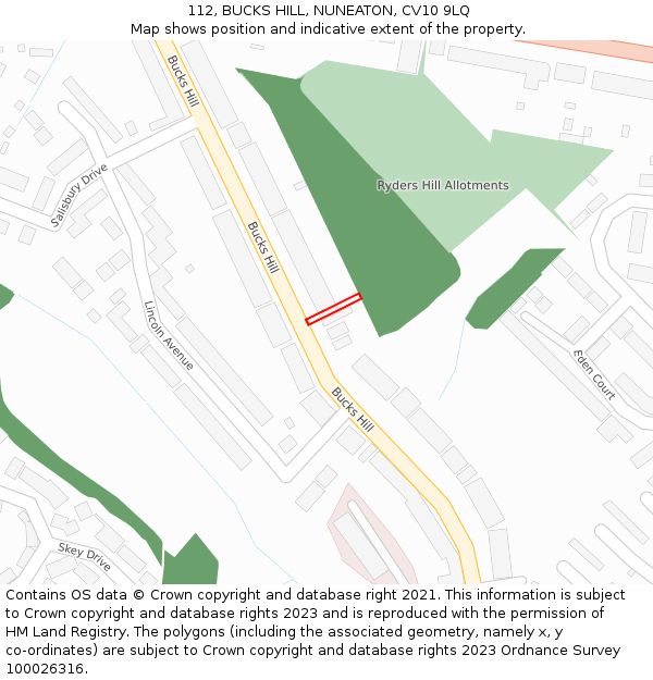 112, BUCKS HILL, NUNEATON, CV10 9LQ: Location map and indicative extent of plot