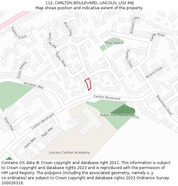 112, CARLTON BOULEVARD, LINCOLN, LN2 4WJ: Location map and indicative extent of plot