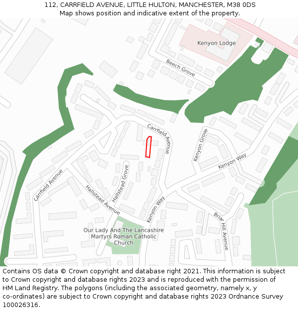 112, CARRFIELD AVENUE, LITTLE HULTON, MANCHESTER, M38 0DS: Location map and indicative extent of plot