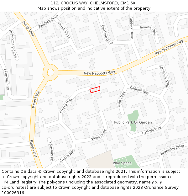 112, CROCUS WAY, CHELMSFORD, CM1 6XH: Location map and indicative extent of plot