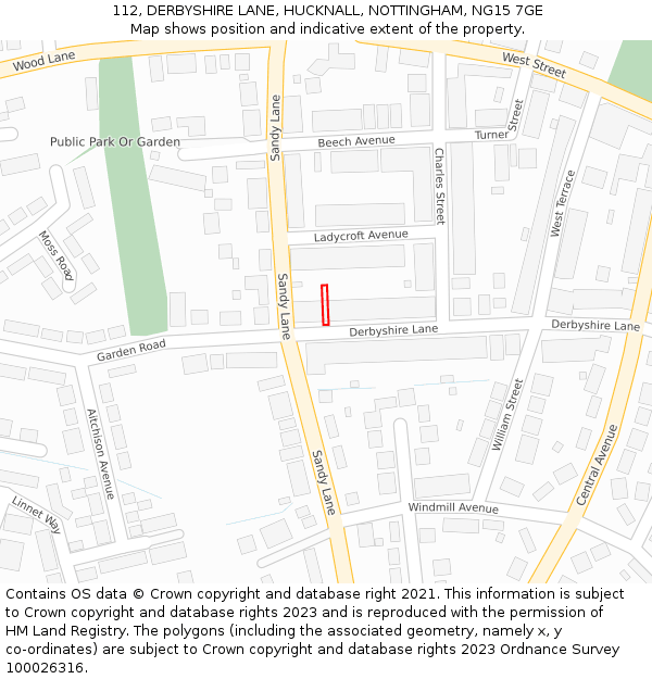 112, DERBYSHIRE LANE, HUCKNALL, NOTTINGHAM, NG15 7GE: Location map and indicative extent of plot