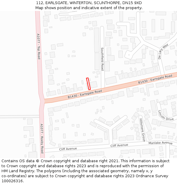 112, EARLSGATE, WINTERTON, SCUNTHORPE, DN15 9XD: Location map and indicative extent of plot
