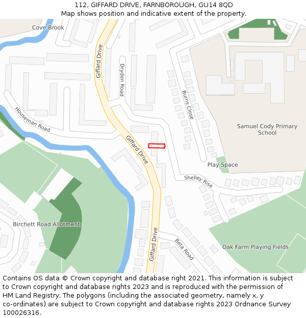 112, GIFFARD DRIVE, FARNBOROUGH, GU14 8QD: Location map and indicative extent of plot