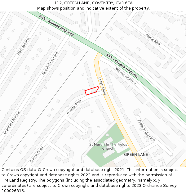 112, GREEN LANE, COVENTRY, CV3 6EA: Location map and indicative extent of plot
