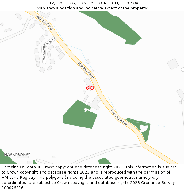 112, HALL ING, HONLEY, HOLMFIRTH, HD9 6QX: Location map and indicative extent of plot
