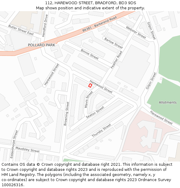 112, HAREWOOD STREET, BRADFORD, BD3 9DS: Location map and indicative extent of plot