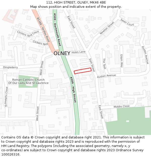 112, HIGH STREET, OLNEY, MK46 4BE: Location map and indicative extent of plot