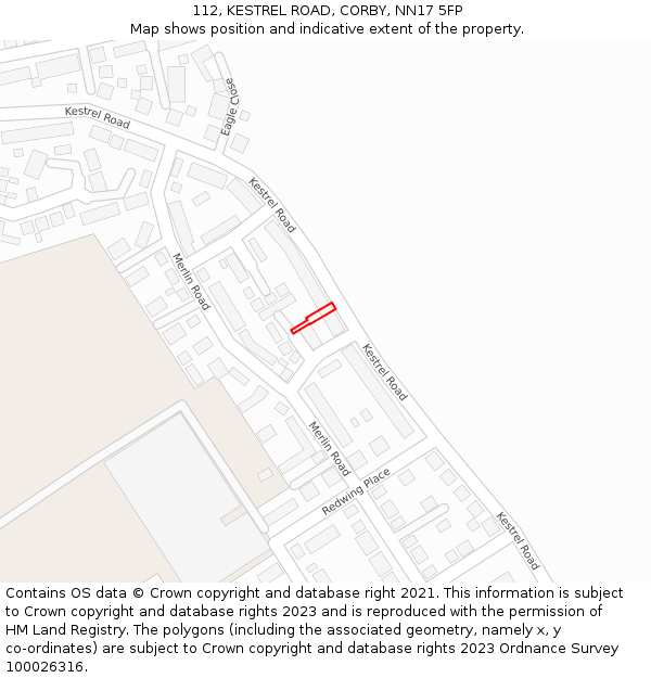 112, KESTREL ROAD, CORBY, NN17 5FP: Location map and indicative extent of plot
