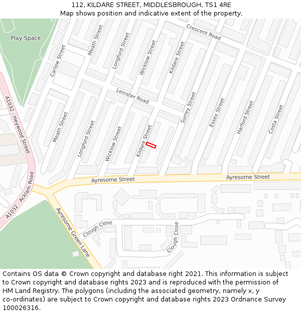 112, KILDARE STREET, MIDDLESBROUGH, TS1 4RE: Location map and indicative extent of plot