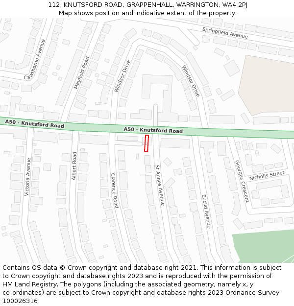 112, KNUTSFORD ROAD, GRAPPENHALL, WARRINGTON, WA4 2PJ: Location map and indicative extent of plot