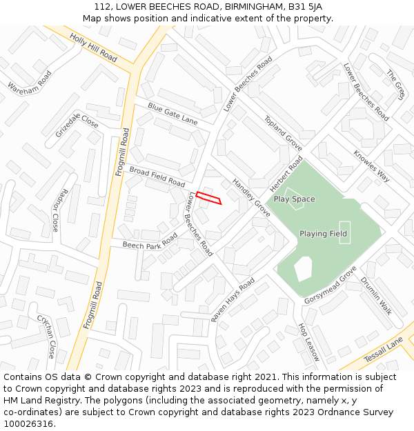 112, LOWER BEECHES ROAD, BIRMINGHAM, B31 5JA: Location map and indicative extent of plot