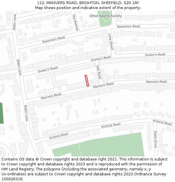 112, MANVERS ROAD, BEIGHTON, SHEFFIELD, S20 1AY: Location map and indicative extent of plot
