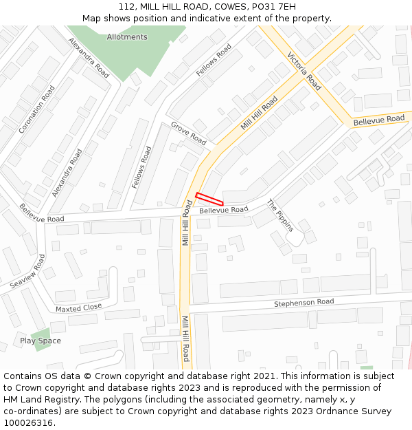 112, MILL HILL ROAD, COWES, PO31 7EH: Location map and indicative extent of plot