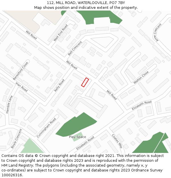 112, MILL ROAD, WATERLOOVILLE, PO7 7BY: Location map and indicative extent of plot