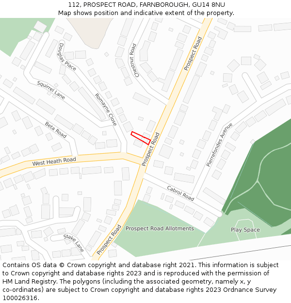 112, PROSPECT ROAD, FARNBOROUGH, GU14 8NU: Location map and indicative extent of plot