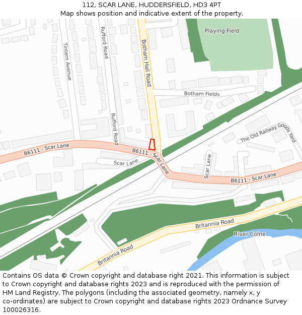 112, SCAR LANE, HUDDERSFIELD, HD3 4PT: Location map and indicative extent of plot