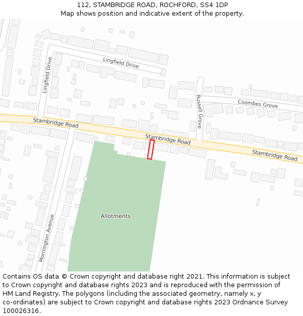 112, STAMBRIDGE ROAD, ROCHFORD, SS4 1DP: Location map and indicative extent of plot