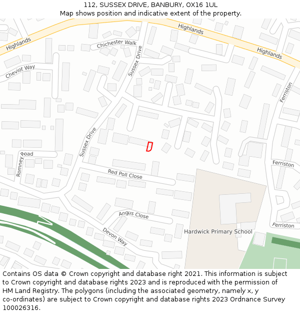 112, SUSSEX DRIVE, BANBURY, OX16 1UL: Location map and indicative extent of plot