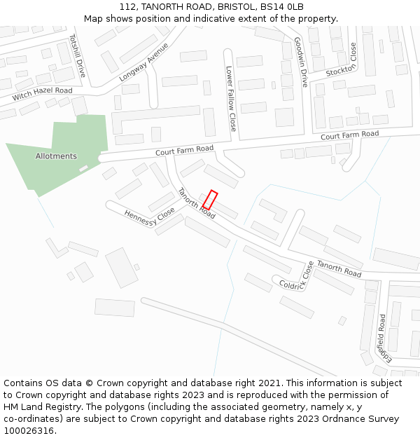112, TANORTH ROAD, BRISTOL, BS14 0LB: Location map and indicative extent of plot