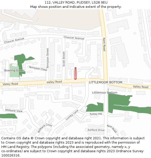 112, VALLEY ROAD, PUDSEY, LS28 9EU: Location map and indicative extent of plot