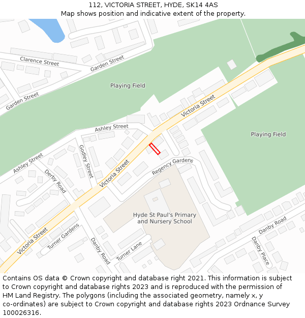 112, VICTORIA STREET, HYDE, SK14 4AS: Location map and indicative extent of plot