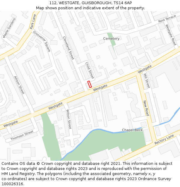 112, WESTGATE, GUISBOROUGH, TS14 6AP: Location map and indicative extent of plot