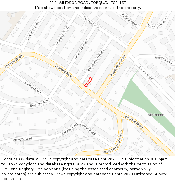 112, WINDSOR ROAD, TORQUAY, TQ1 1ST: Location map and indicative extent of plot