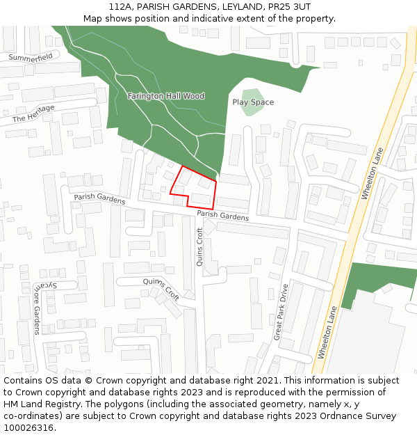 112A, PARISH GARDENS, LEYLAND, PR25 3UT: Location map and indicative extent of plot
