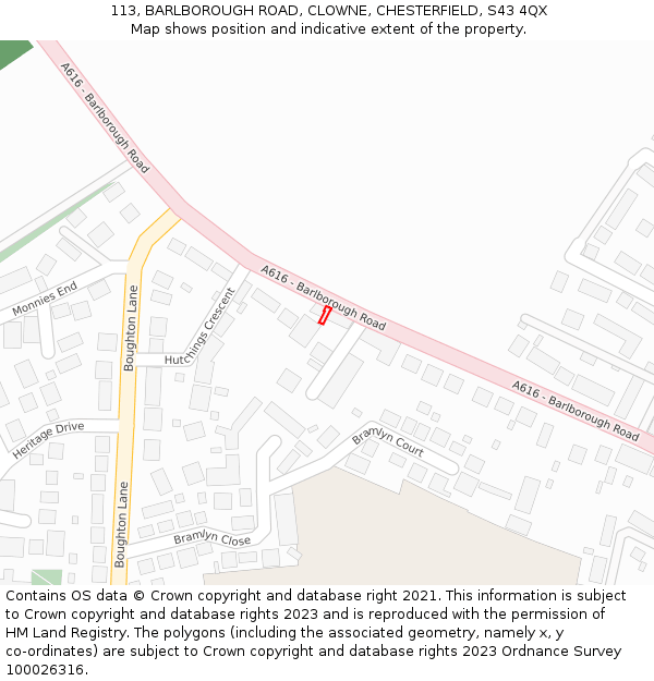 113, BARLBOROUGH ROAD, CLOWNE, CHESTERFIELD, S43 4QX: Location map and indicative extent of plot